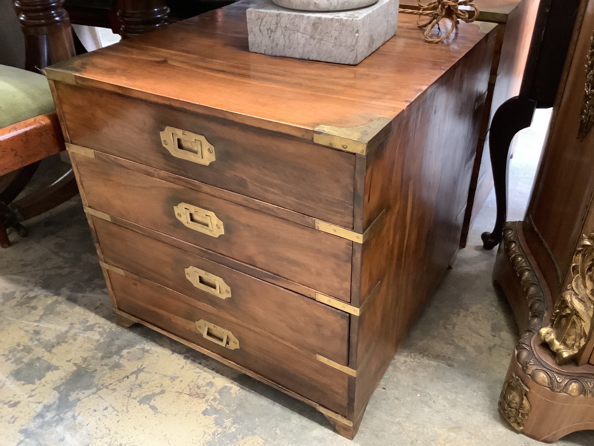 A pair of brass mounted campaign style four drawer low chests W-50, D-50, H-50cm.